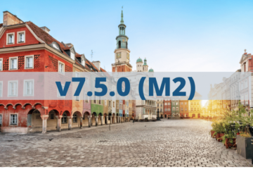 The picture shows the city of Poznan with the title v7.5.0 in front