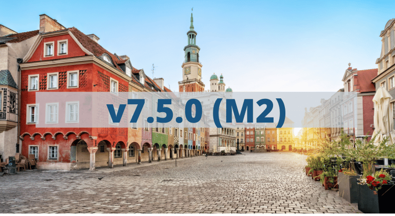 The picture shows the city of Poznan with the title v7.5.0 in front